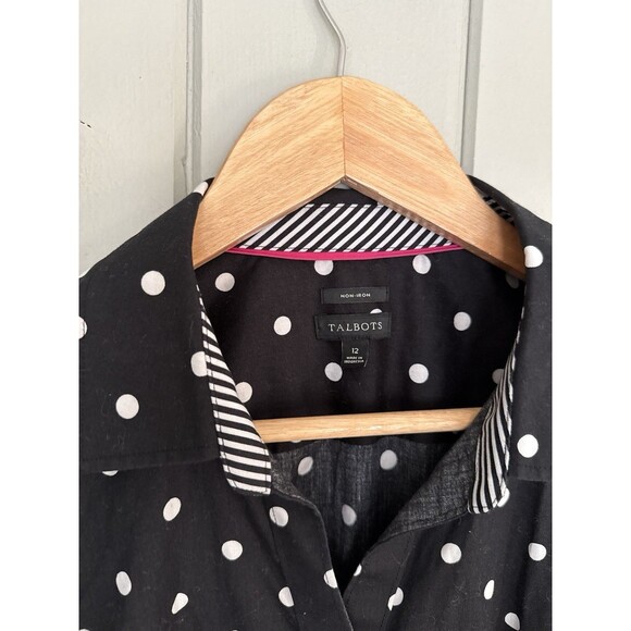 Talbots Non-Iron Button Down Shirt 12 Short Sleeve Black White Polka Dot Collar - Picture 6 of 11